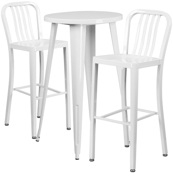 White |#| 24inch Round White Metal Indoor-Outdoor Bar Table Set with 2 Slat Back Stools