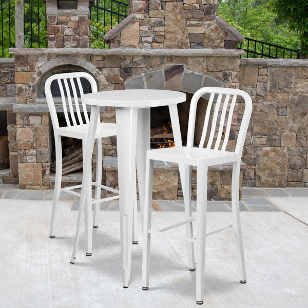 White |#| 24inch Round White Metal Indoor-Outdoor Bar Table Set with 2 Slat Back Stools