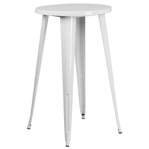 White |#| 24inch Round White Metal Indoor-Outdoor Bar Table Set with 2 Slat Back Stools