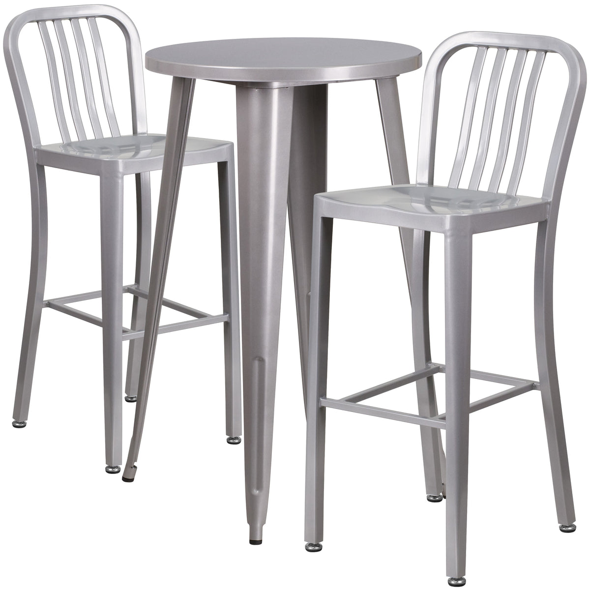 Silver |#| 24inch Round Silver Metal Indoor-Outdoor Bar Table Set with 2 Slat Back Stools