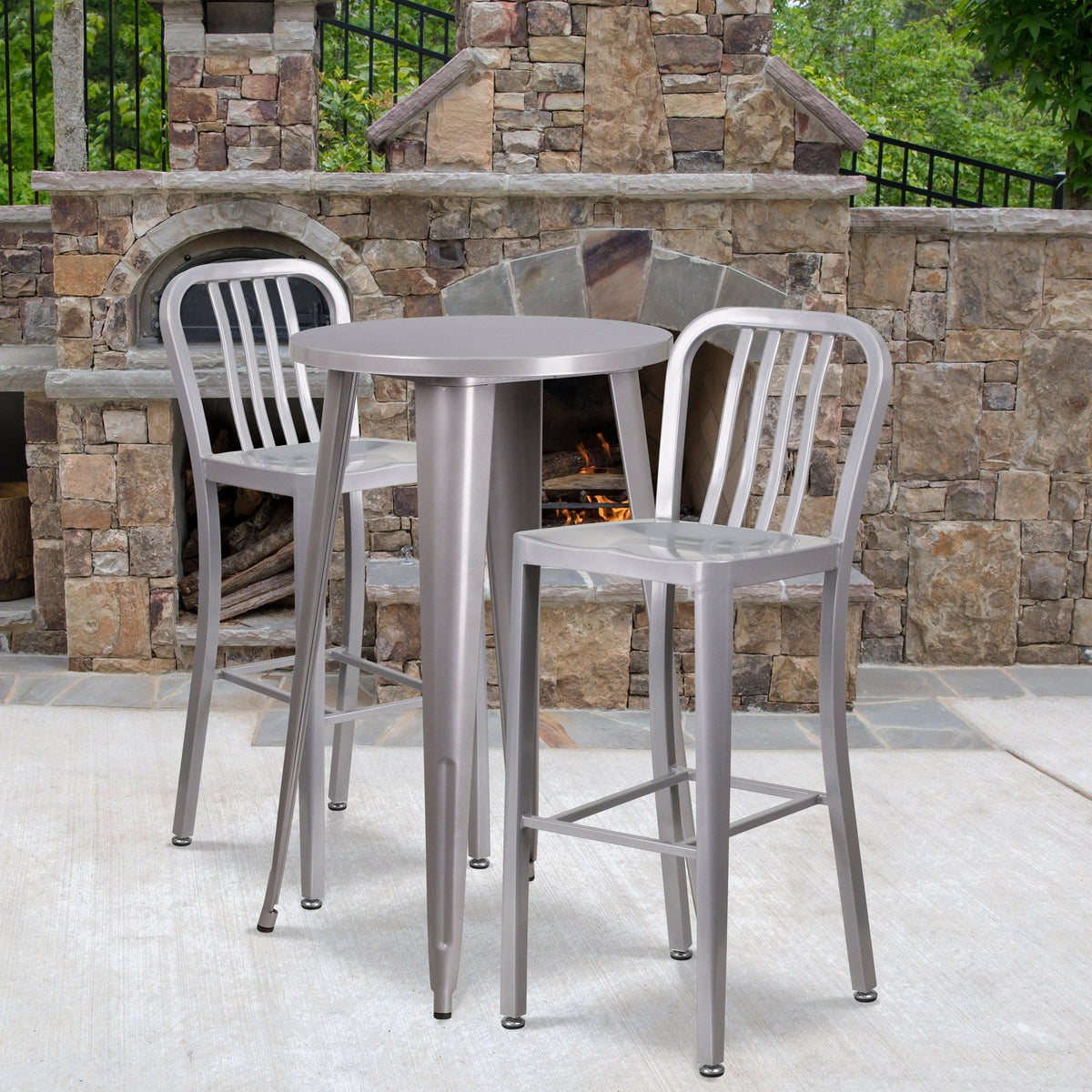 Silver |#| 24inch Round Silver Metal Indoor-Outdoor Bar Table Set with 2 Slat Back Stools