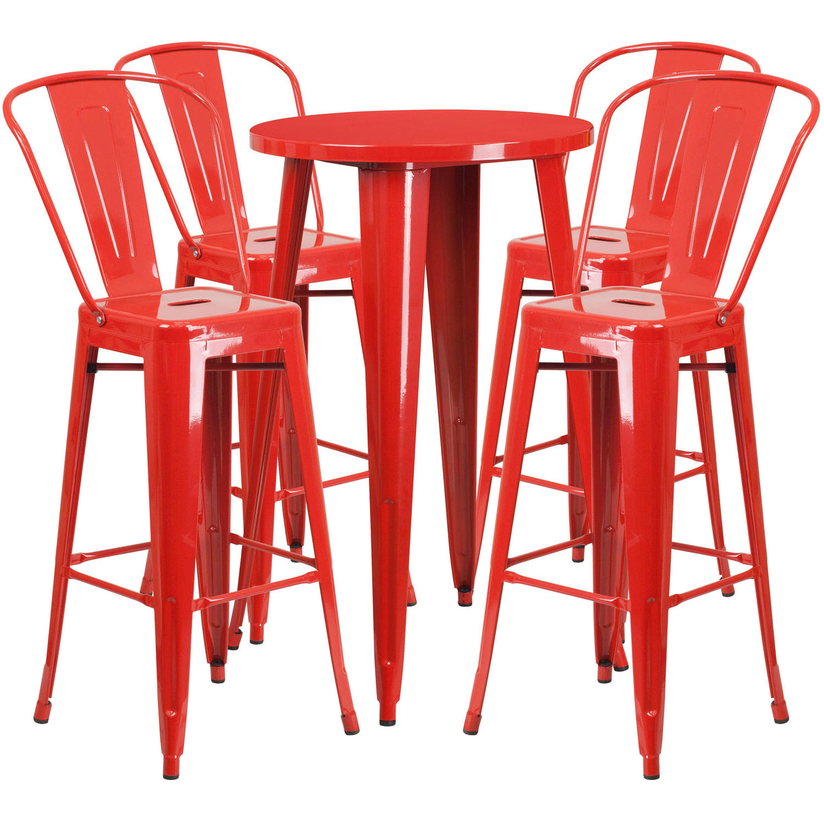 Red |#| 24inch Round Red Metal Indoor-Outdoor Bar Table Set with 4 Cafe Stools