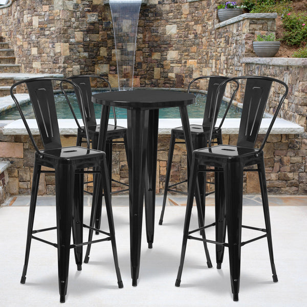 Black |#| 24inch Round Black Metal Indoor-Outdoor Bar Table Set with 4 Cafe Stools