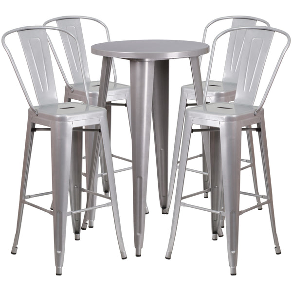 Silver |#| 24inch Round Silver Metal Indoor-Outdoor Bar Table Set with 4 Cafe Stools