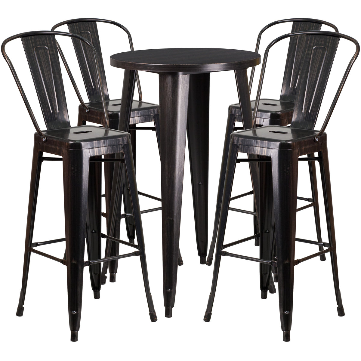 Black-Antique Gold |#| 24inch Round Black-Gold Metal Indoor-Outdoor Bar Table Set with 4 Cafe Stools