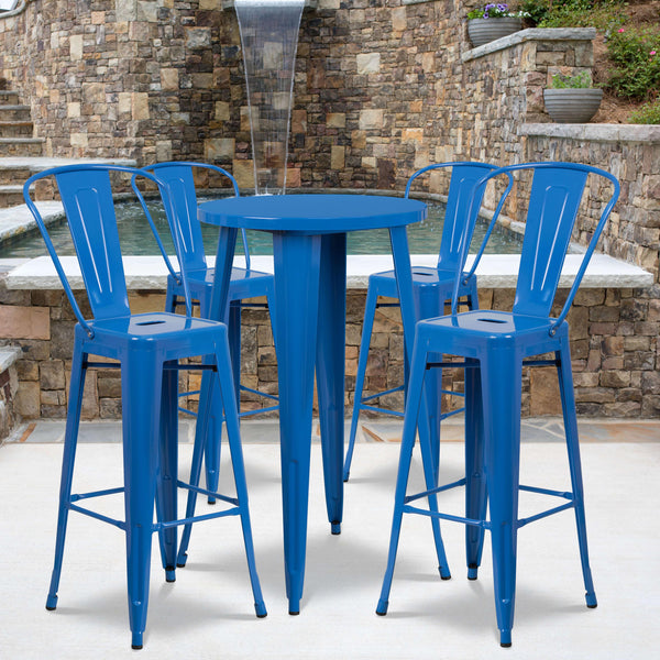 Blue |#| 24inch Round Blue Metal Indoor-Outdoor Bar Table Set with 4 Cafe Stools