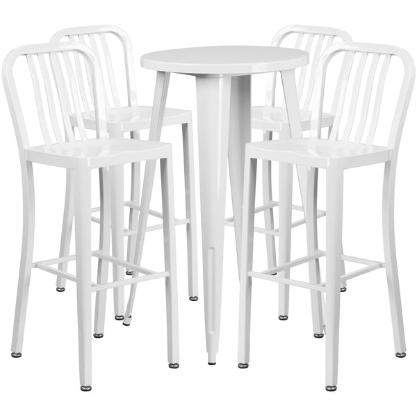 White |#| 24inch Round White Metal Indoor-Outdoor Bar Table Set with 4 Slat Back Stools