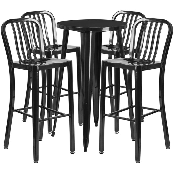 Black |#| 24inch Round Black Metal Indoor-Outdoor Bar Table Set with 4 Slat Back Stools