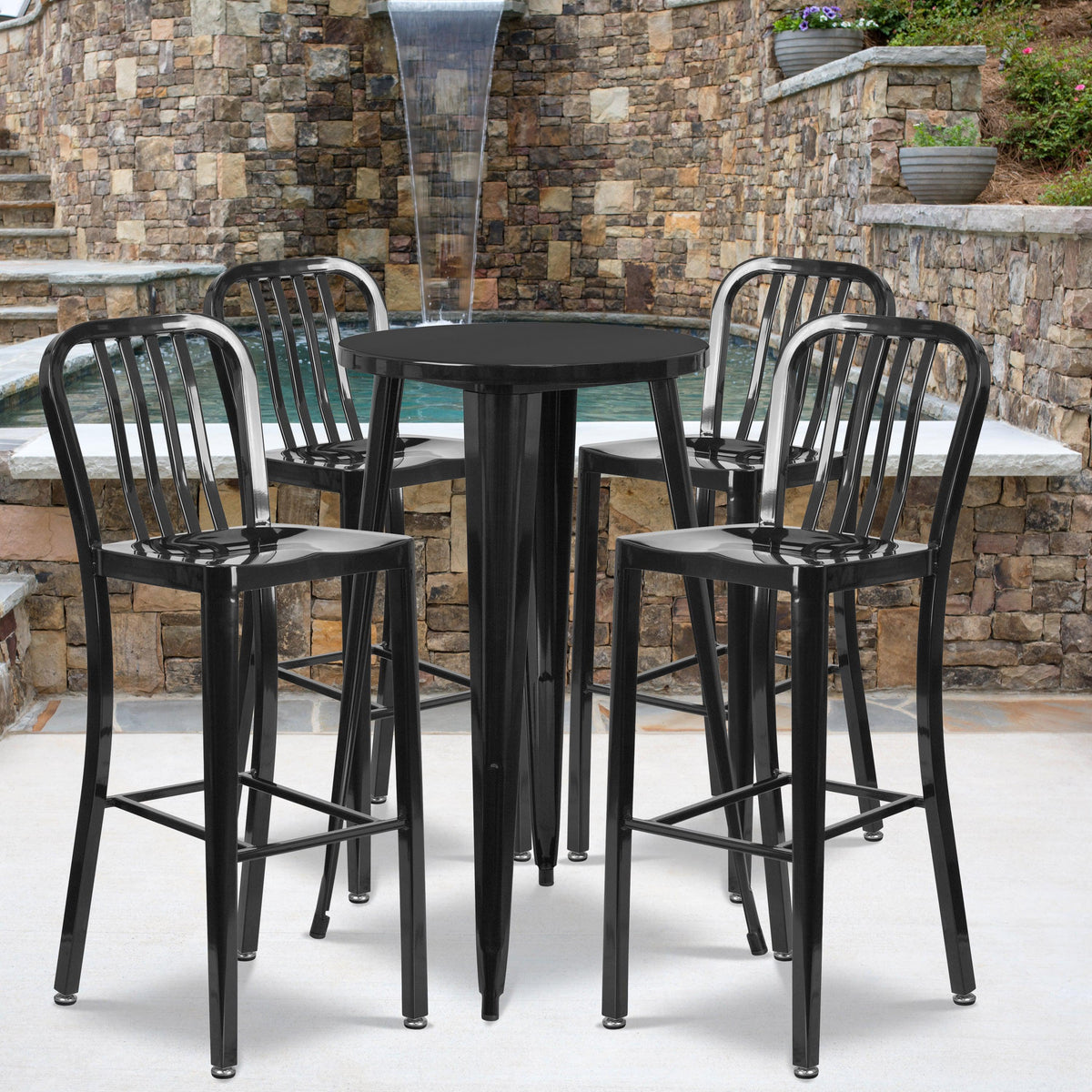 Black |#| 24inch Round Black Metal Indoor-Outdoor Bar Table Set with 4 Slat Back Stools