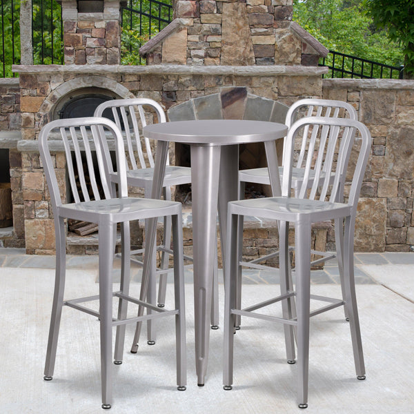 Silver |#| 24inch Round Silver Metal Indoor-Outdoor Bar Table Set with 4 Slat Back Stools