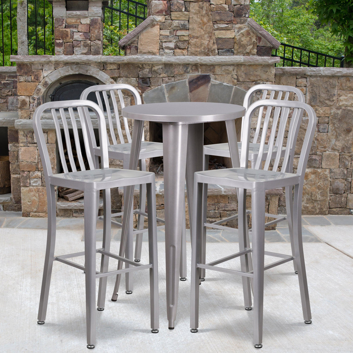 Silver |#| 24inch Round Silver Metal Indoor-Outdoor Bar Table Set with 4 Slat Back Stools