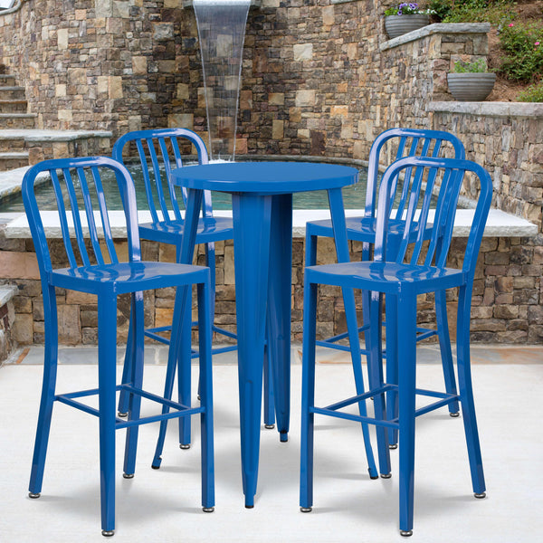 Blue |#| 24inch Round Blue Metal Indoor-Outdoor Bar Table Set with 4 Slat Back Stools