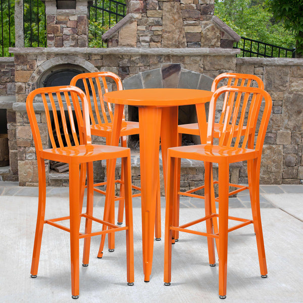 Orange |#| 24inch Round Orange Metal Indoor-Outdoor Bar Table Set with 4 Slat Back Stools