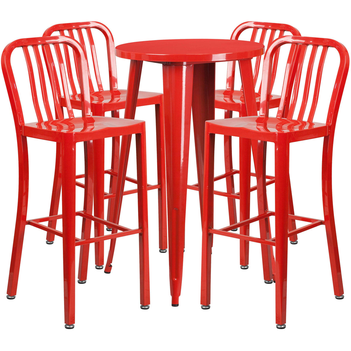 Red |#| 24inch Round Red Metal Indoor-Outdoor Bar Table Set with 4 Slat Back Stools