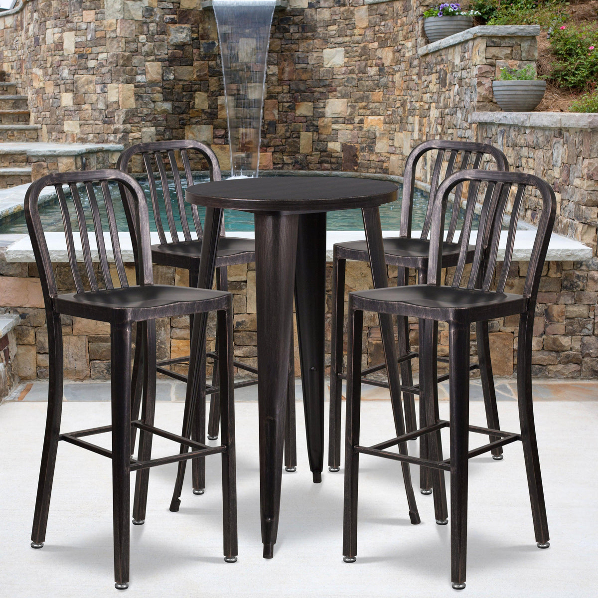 Black-Antique Gold |#| 24inch Round Black-Gold Metal Indoor-Outdoor Bar Table Set with 4 Slat Back Stools