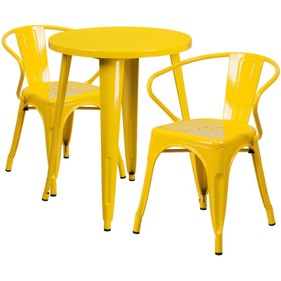 Commercial Grade 24" Round Metal Indoor-Outdoor Table Set with 2 Arm Chairs - View 1