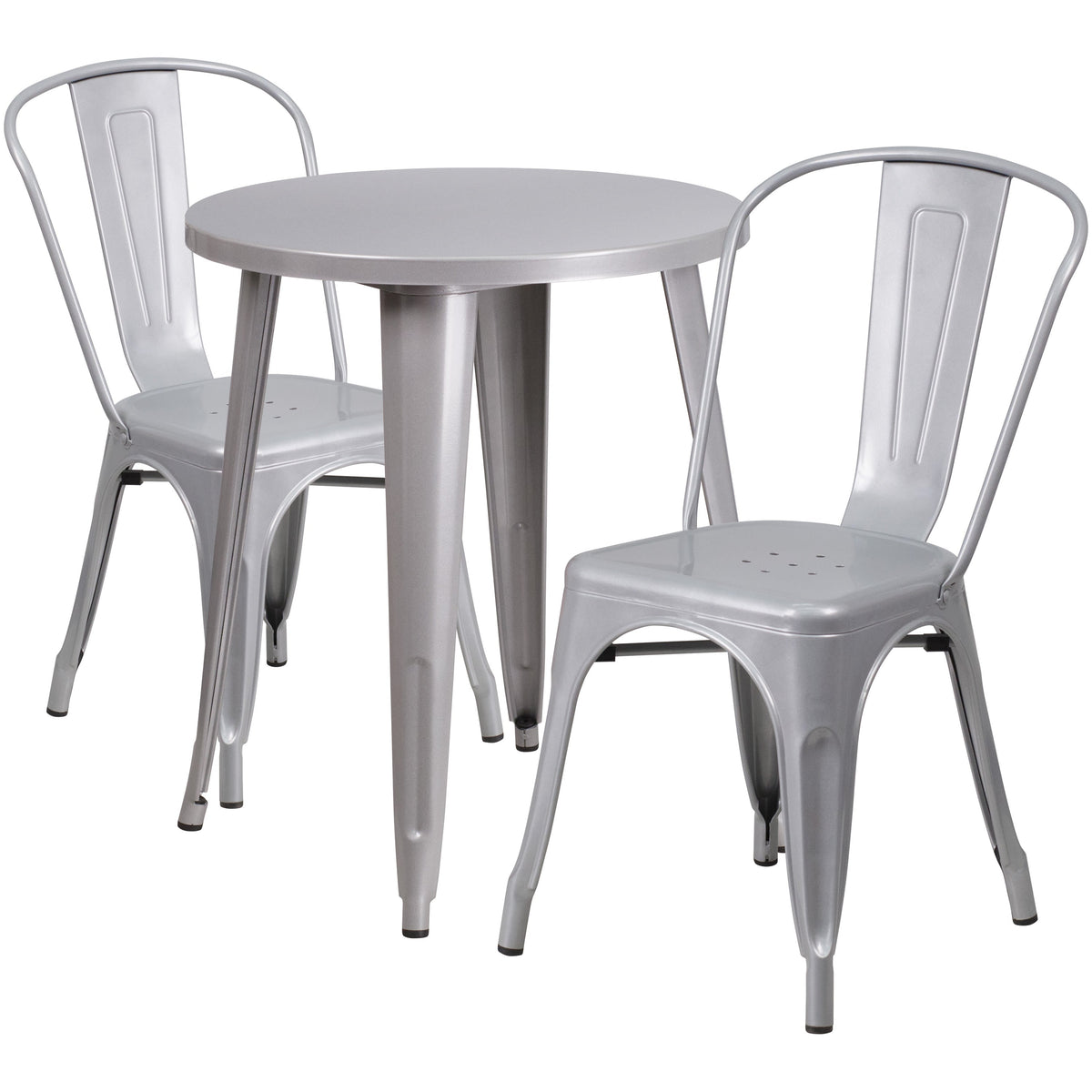 Silver |#| 24inch Round Silver Metal Indoor-Outdoor Table Set with 2 Cafe Chairs - Patio Set