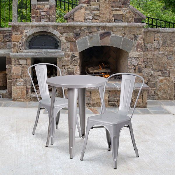 Silver |#| 24inch Round Silver Metal Indoor-Outdoor Table Set with 2 Cafe Chairs - Patio Set