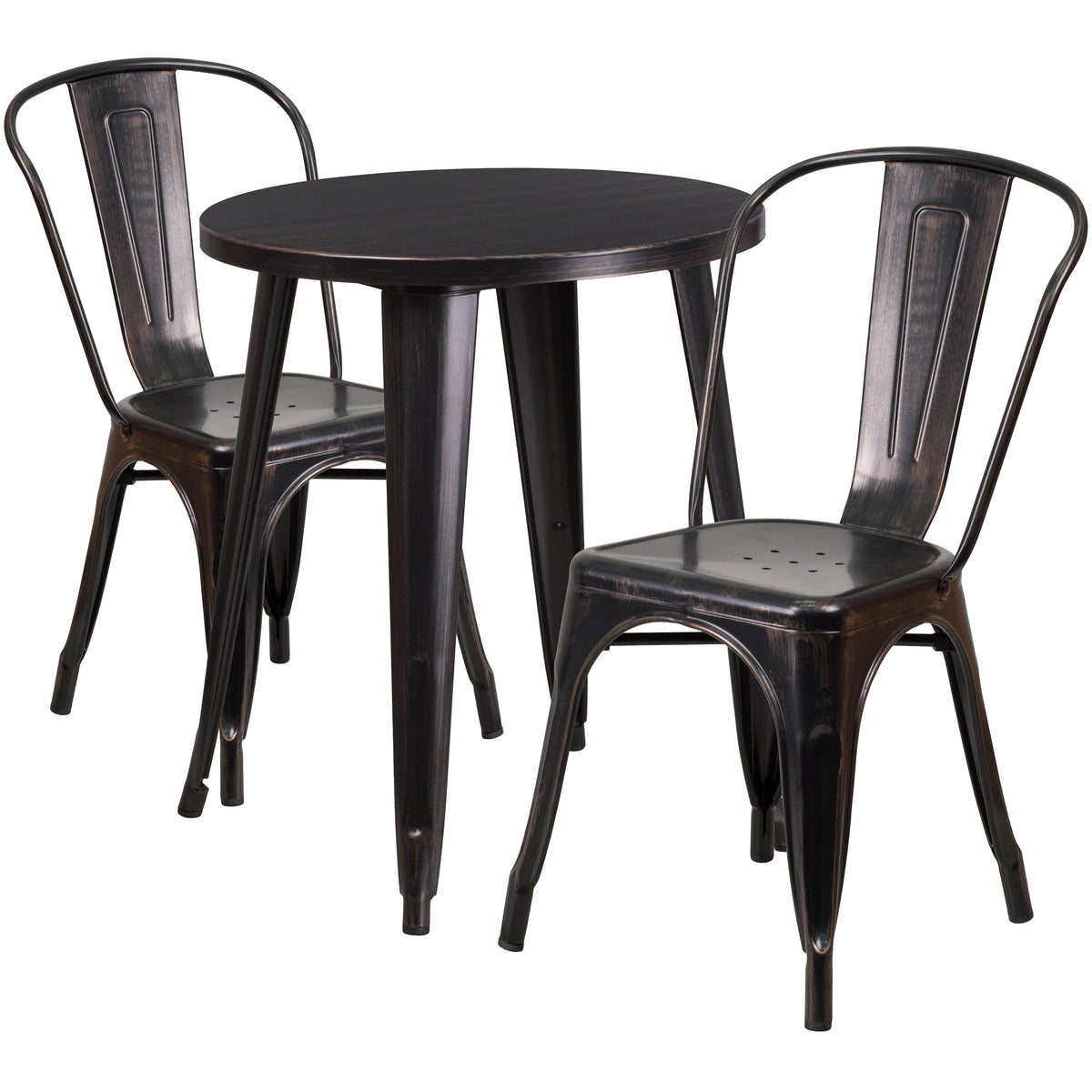 Black-Antique Gold |#| 24inch Round Black-Gold Metal Indoor-Outdoor Table Set w/ 2 Cafe Chairs - Patio Set