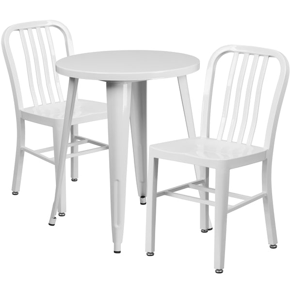 White |#| 24inch Round White Metal Indoor-Outdoor Table Set with 2 Vertical Slat Back Chairs