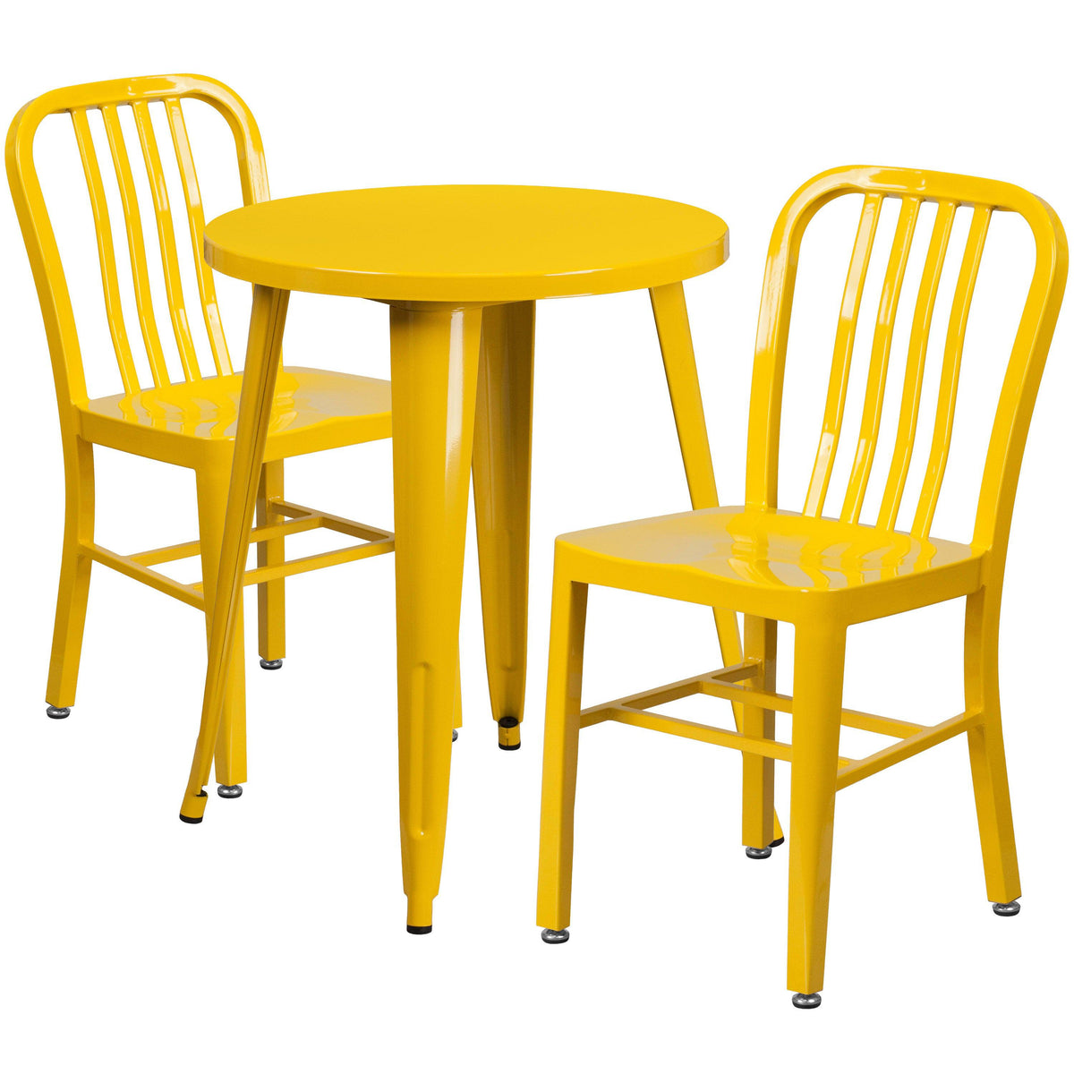 Yellow |#| 24inch Round Yellow Metal Indoor-Outdoor Table Set w/ 2 Vertical Slat Back Chairs