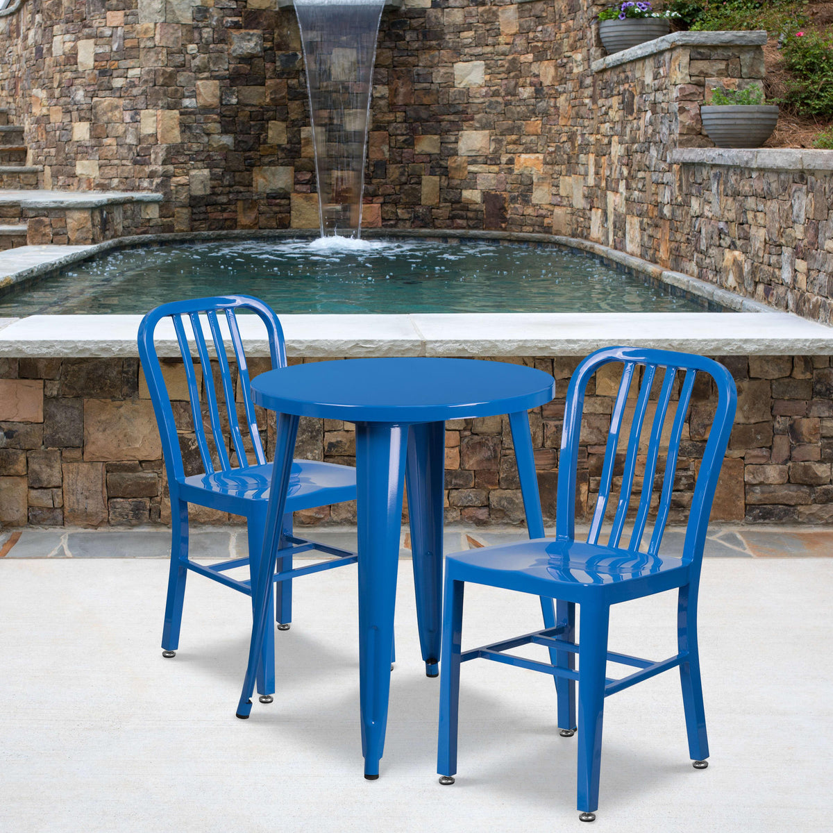 Blue |#| 24inch Round Blue Metal Indoor-Outdoor Table Set with 2 Vertical Slat Back Chairs