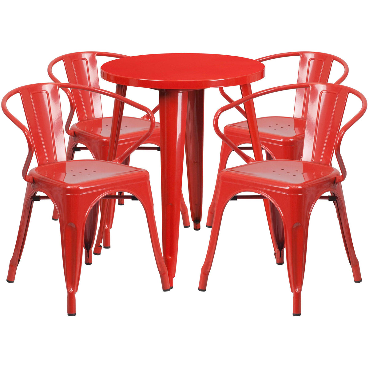 Red |#| 24inch Round Red Metal Indoor-Outdoor Table Set with 4 Arm Chairs