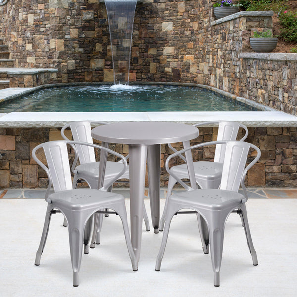 Silver |#| 24inch Round Silver Metal Indoor-Outdoor Table Set with 4 Arm Chairs