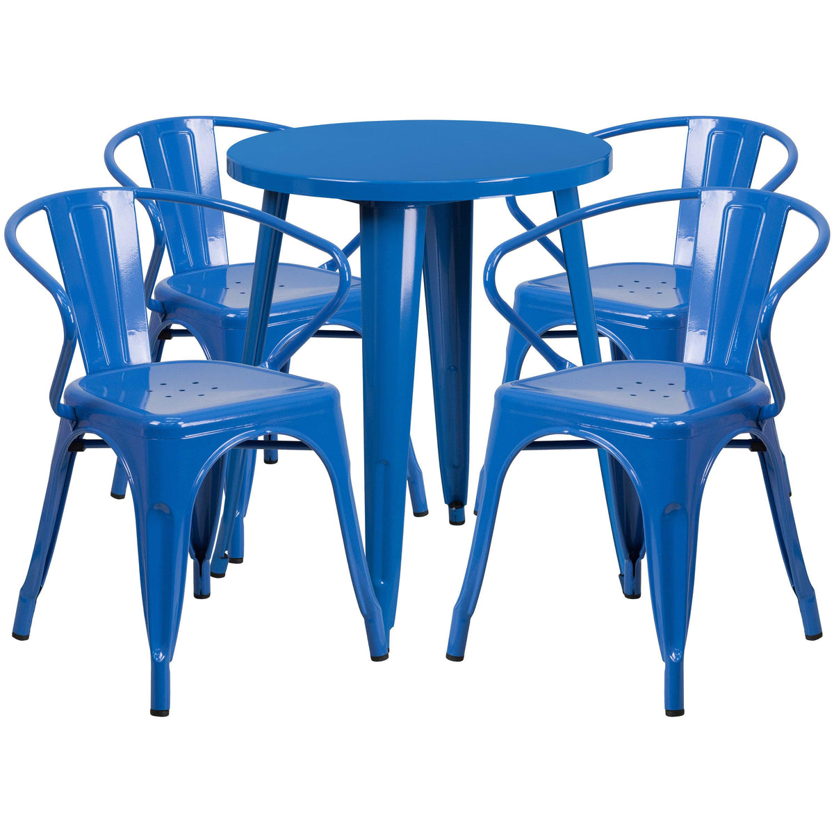 Blue |#| 24inch Round Blue Metal Indoor-Outdoor Table Set with 4 Arm Chairs