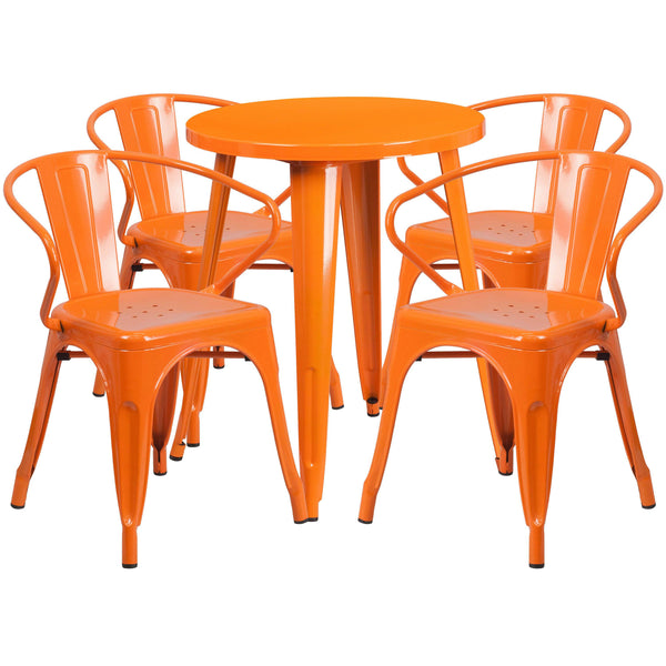 Orange |#| 24inch Round Orange Metal Indoor-Outdoor Table Set with 4 Arm Chairs