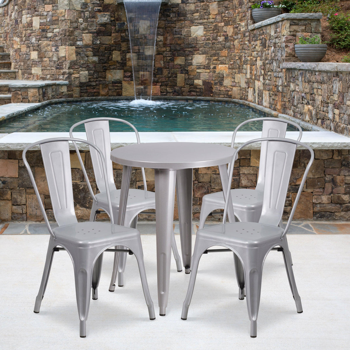 Silver |#| 24inch Round Silver Metal Indoor-Outdoor Table Set with 4 Cafe Chairs