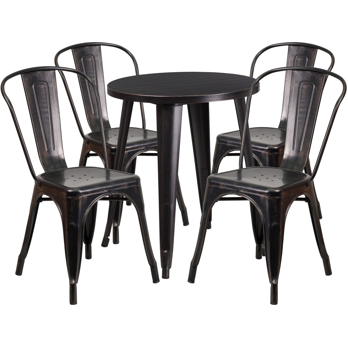 Black-Antique Gold |#| 24inch Round Black-Antique Gold Metal Indoor-Outdoor Table Set with 4 Cafe Chairs