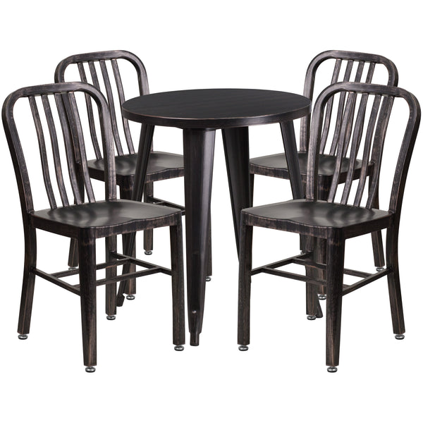 Black-Antique Gold |#| 24inch Round Black-Gold Metal Indoor-Outdoor Table Set with 4 Slat Back Chairs