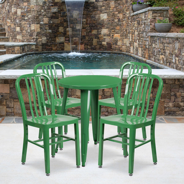 Green |#| 24inch Round Green Metal Indoor-Outdoor Table Set with 4 Vertical Slat Back Chairs