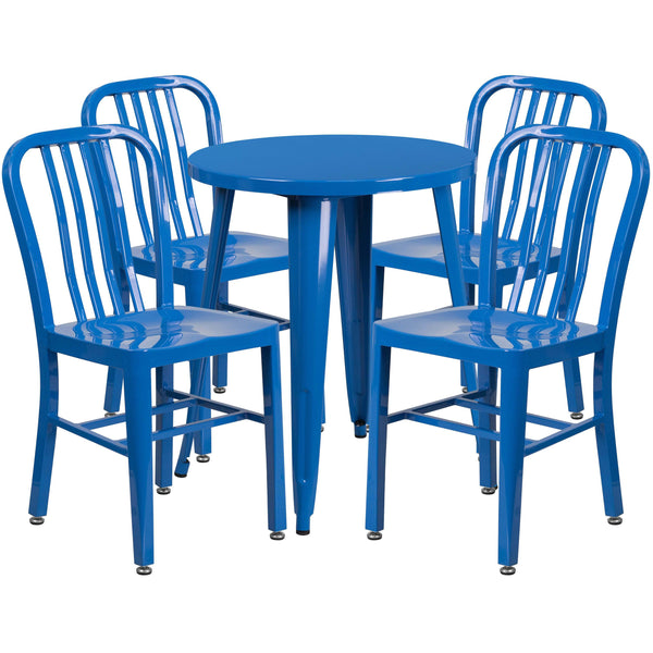 Blue |#| 24inch Round Blue Metal Indoor-Outdoor Table Set with 4 Vertical Slat Back Chairs