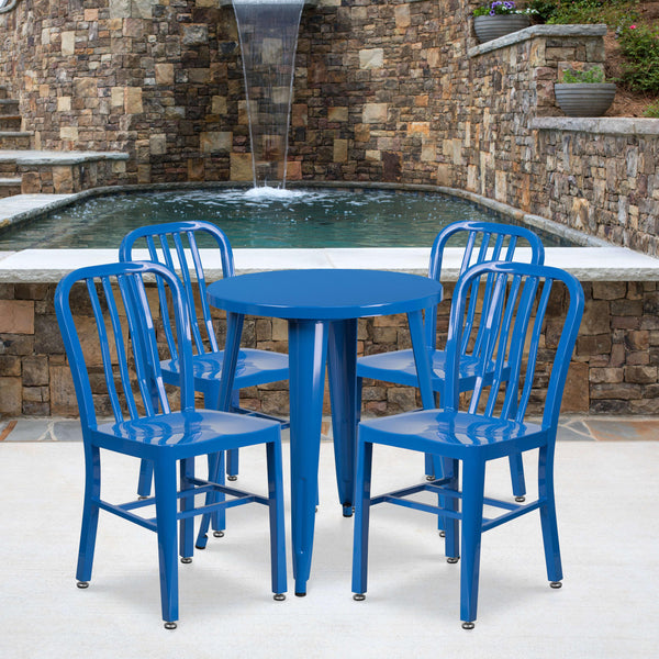 Blue |#| 24inch Round Blue Metal Indoor-Outdoor Table Set with 4 Vertical Slat Back Chairs