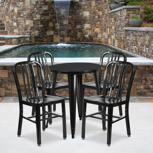 Black |#| 24inch Round Black Metal Indoor-Outdoor Table Set with 4 Vertical Slat Back Chairs