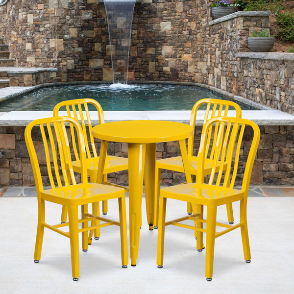 Yellow |#| 24inch Round Yellow Metal Indoor-Outdoor Table Set w/ 4 Vertical Slat Back Chairs