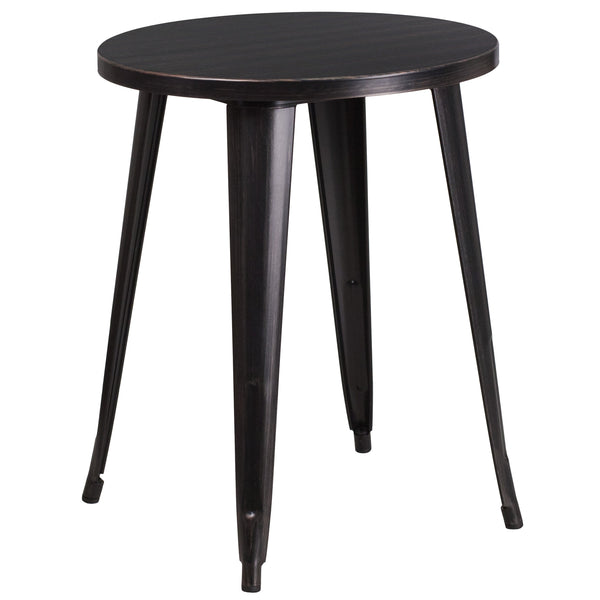 Black-Antique Gold |#| 24inch Round Black-Gold Metal Indoor-Outdoor Table Set with 4 Slat Back Chairs