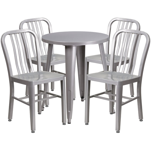 Silver |#| 24inch Round Silver Metal Indoor-Outdoor Table Set w/ 4 Vertical Slat Back Chairs