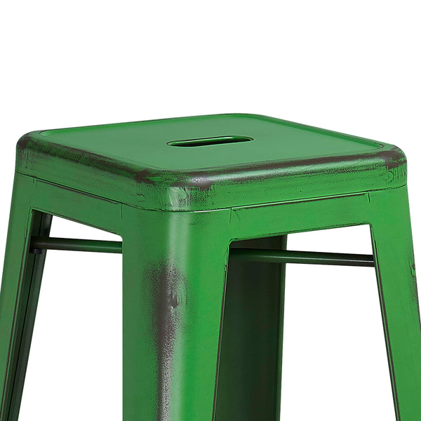 Green |#| 30inch High Backless Distressed Green Metal Indoor-Outdoor Barstool - Patio Chair