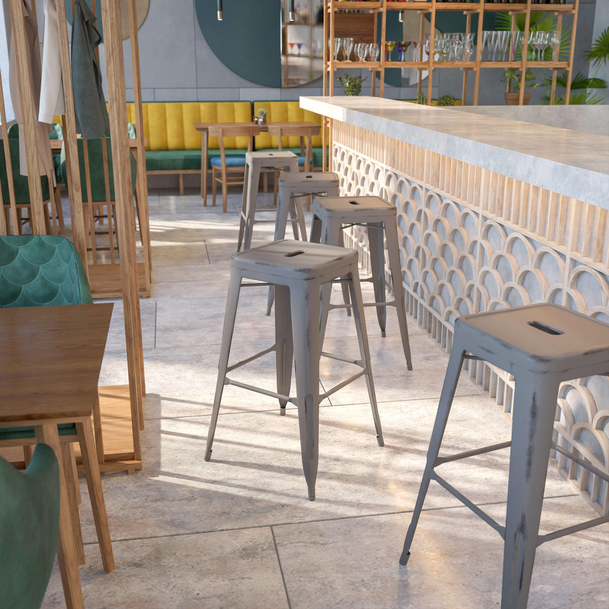 Silver Gray |#| 30inchH Backless Distressed Silver Gray Metal Indoor-Outdoor Dining Barstool