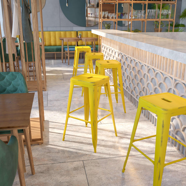 Yellow |#| 30inch High Backless Distressed Yellow Metal Indoor-Outdoor Barstool - Patio Chair