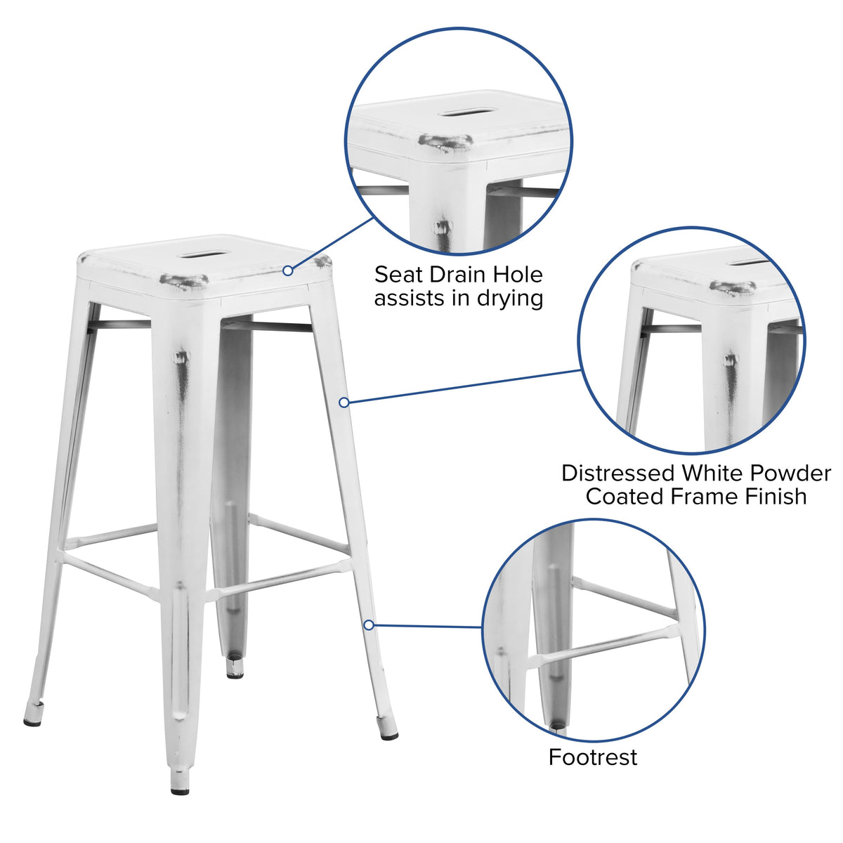 White |#| 30inch High Backless Distressed White Metal Indoor-Outdoor Barstool - Patio Chair