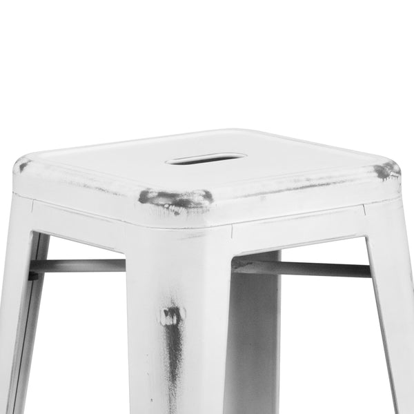 White |#| 30inch High Backless Distressed White Metal Indoor-Outdoor Barstool - Patio Chair