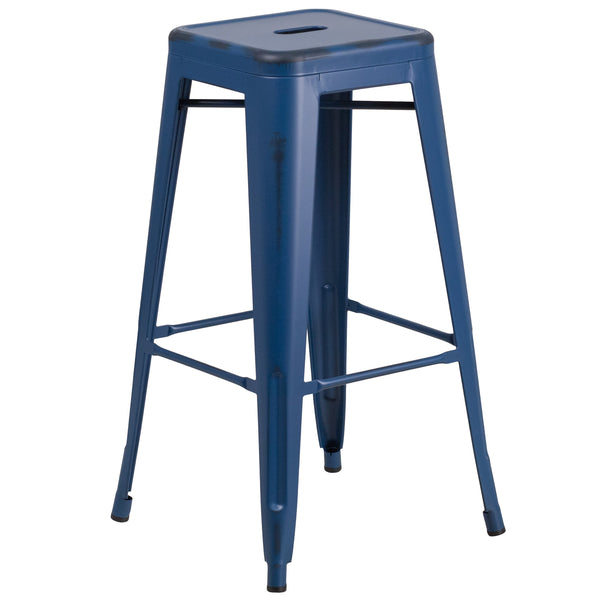 Antique Blue |#| 30inch High Backless Distressed Antique Blue Metal Indoor-Outdoor Barstool - Patio