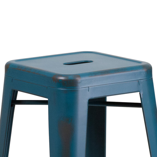 Antique Blue |#| 30inch High Backless Distressed Antique Blue Metal Indoor-Outdoor Barstool - Patio