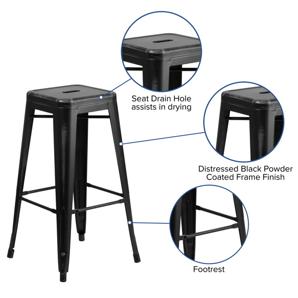 Black |#| 30inch High Backless Distressed Black Metal Indoor-Outdoor Barstool - Patio Chair