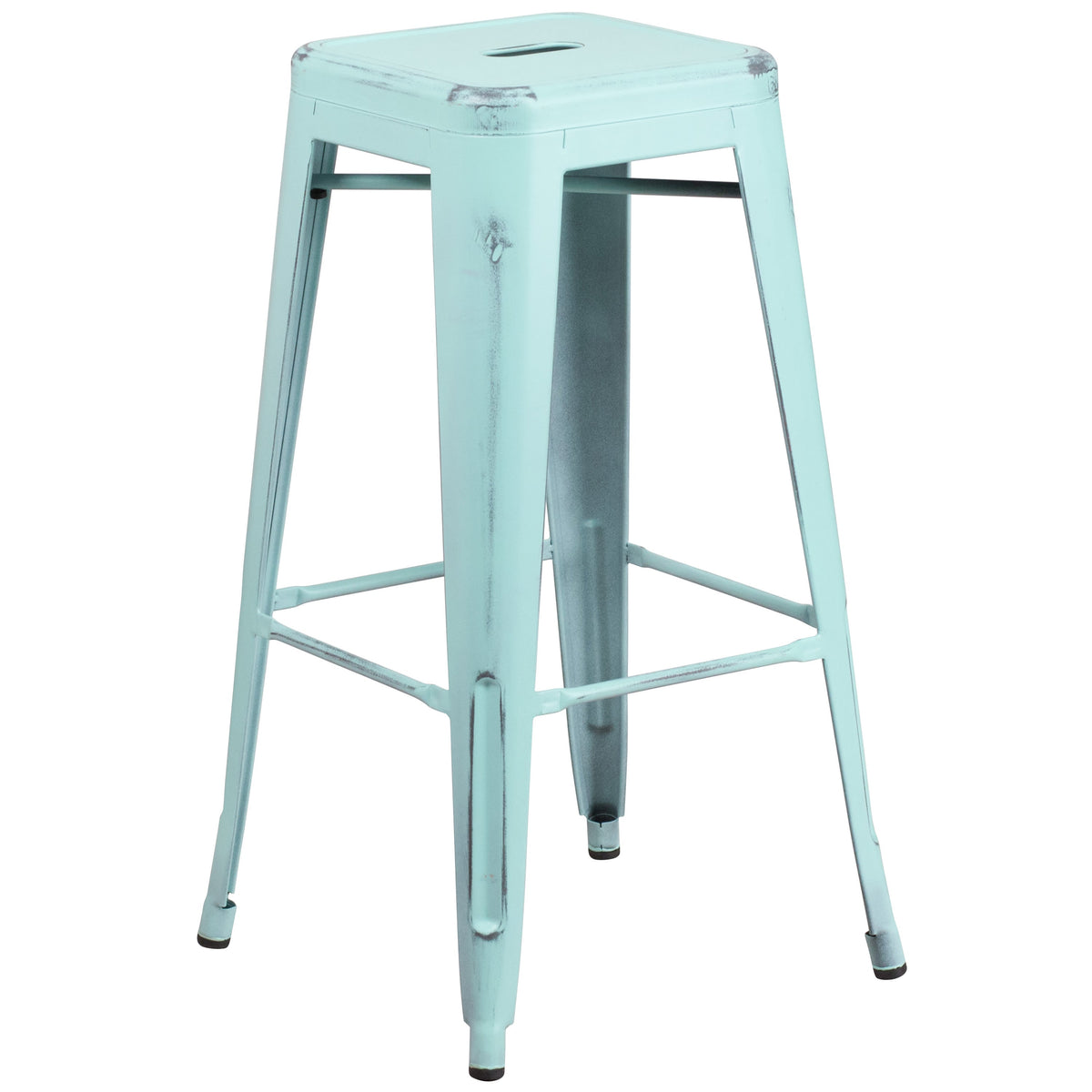 Green-Blue |#| 30inch High Backless Distressed Green-Blue Metal Indoor-Outdoor Barstool - Patio