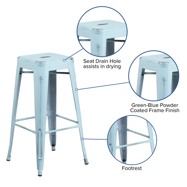 Green-Blue |#| 30inch High Backless Distressed Green-Blue Metal Indoor-Outdoor Barstool - Patio